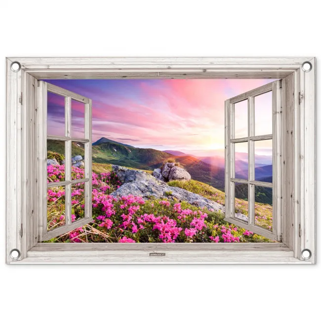 Uitzicht op Bergen met Bloemen tuinposter los doek klein -3d