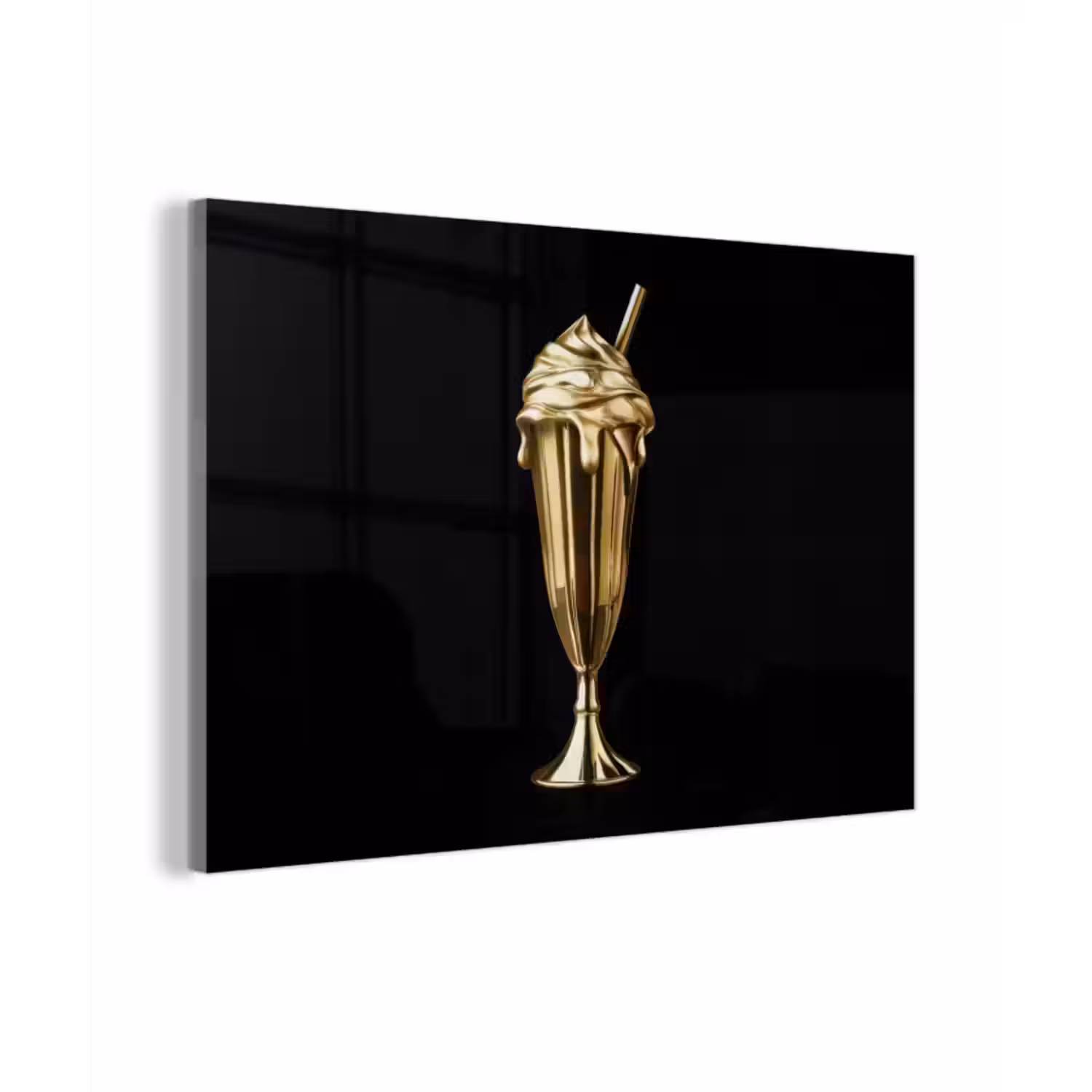 Glas schilderij - Milkshake - Goud - Drinken - Zwart