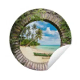 Strand - Palmboom - Doorkijk - Kano Wandcirkel tuinposter met ringen klein -3d