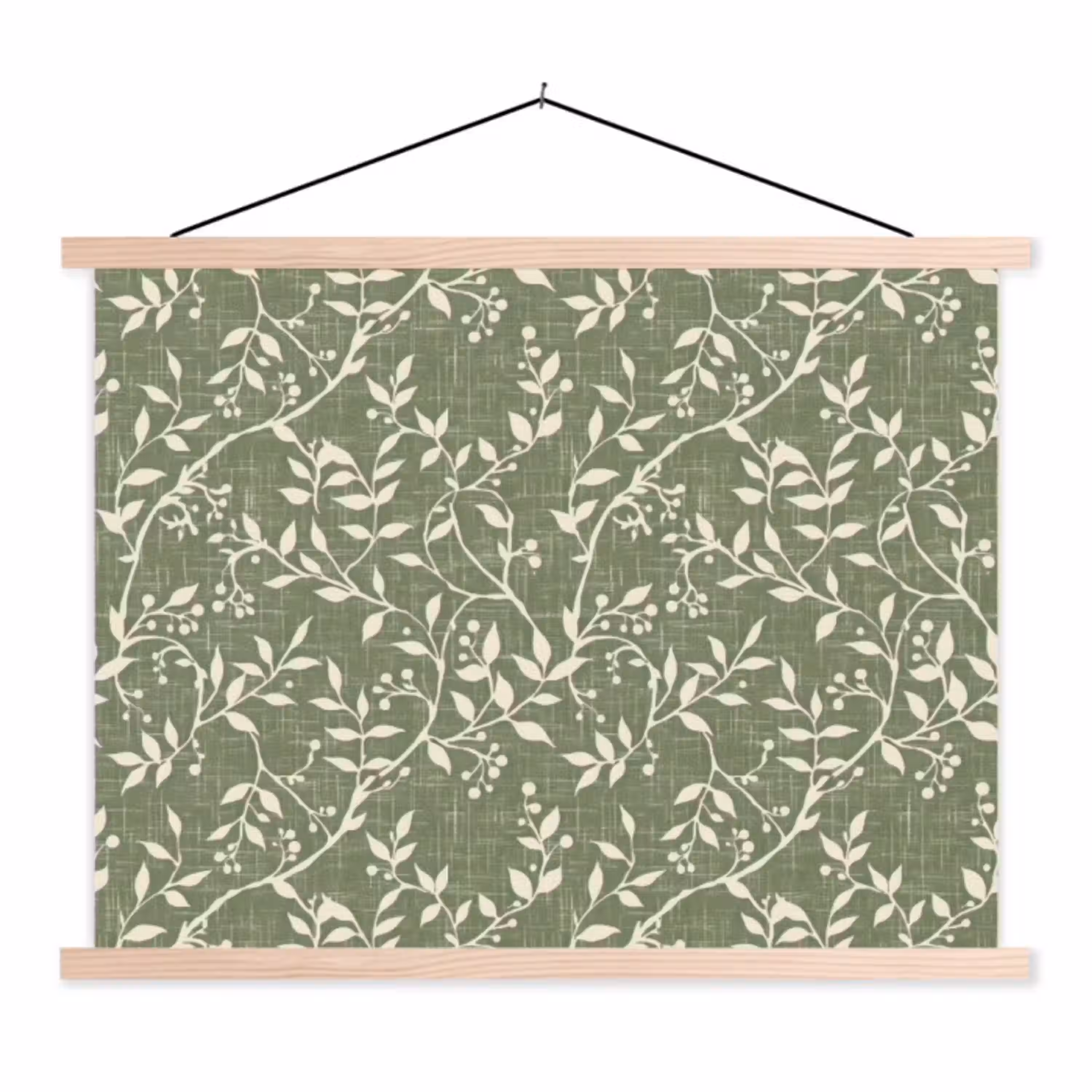 Saliegroen - Botanisch - Takken - Besjes - Linnen - Patroon textielposter latten blank klein 122 -3d