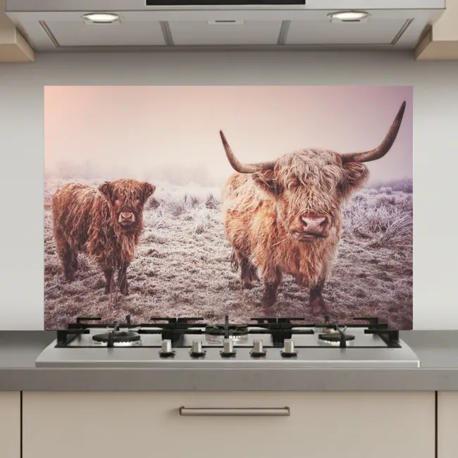 Schotse Hooglanders - Sneeuw - Zon keuken achterwand spatscherm klein -3d_website