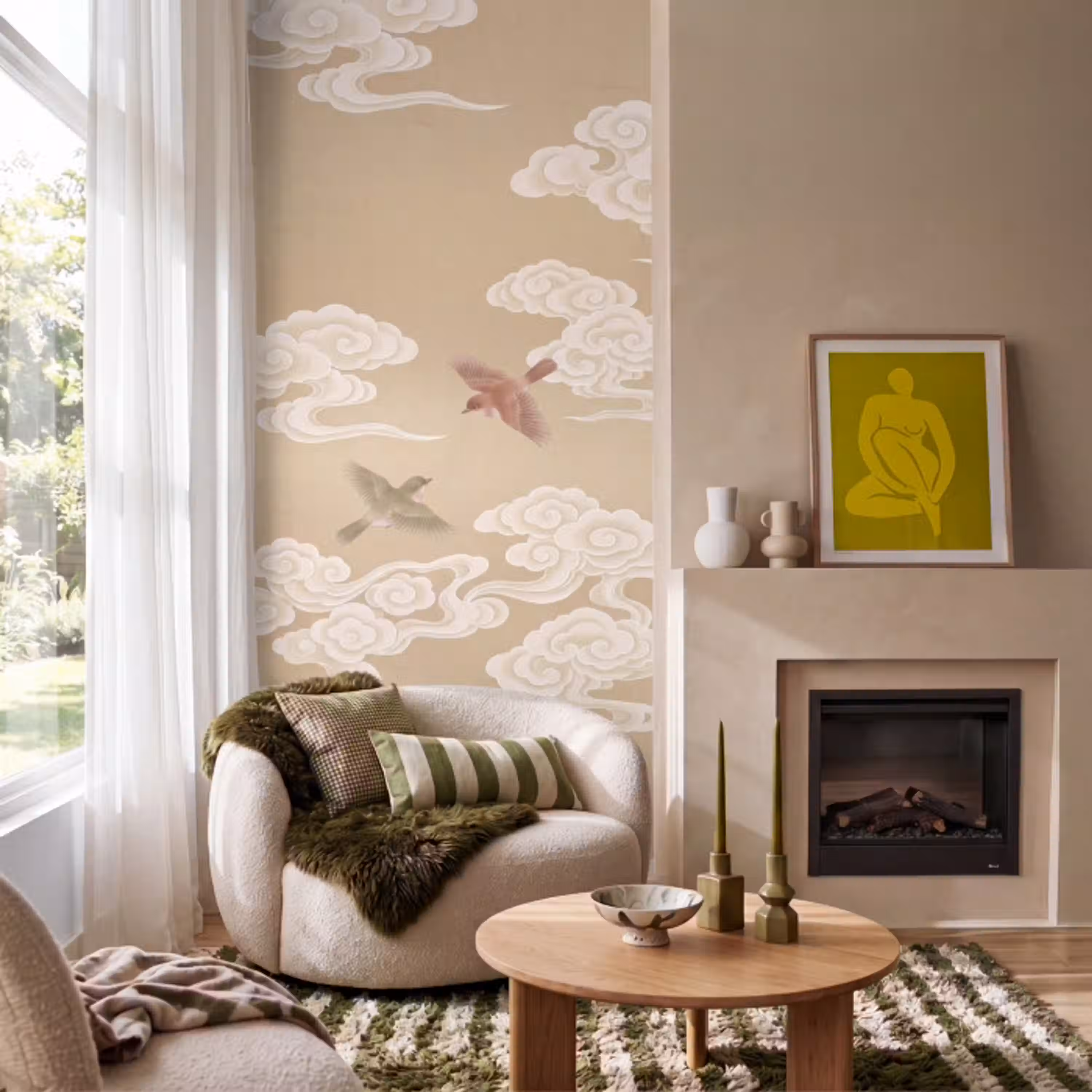 Vogels - Vliegen - Beige Behang Vlies klein -sfeer2