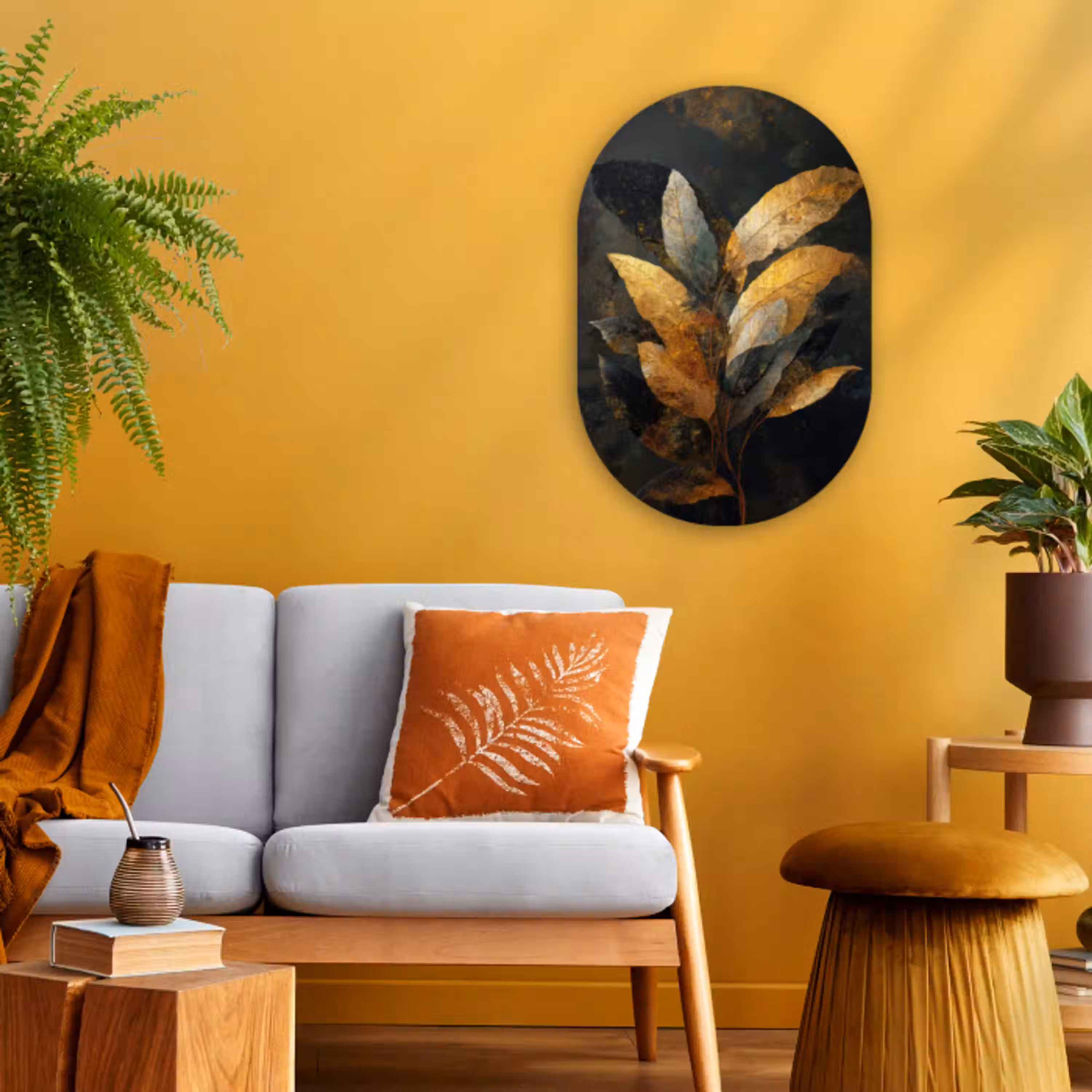 Gouden Bladcompositie – Botanische Luxe Wandcirkel Ovaal Forex klein -sfeer4