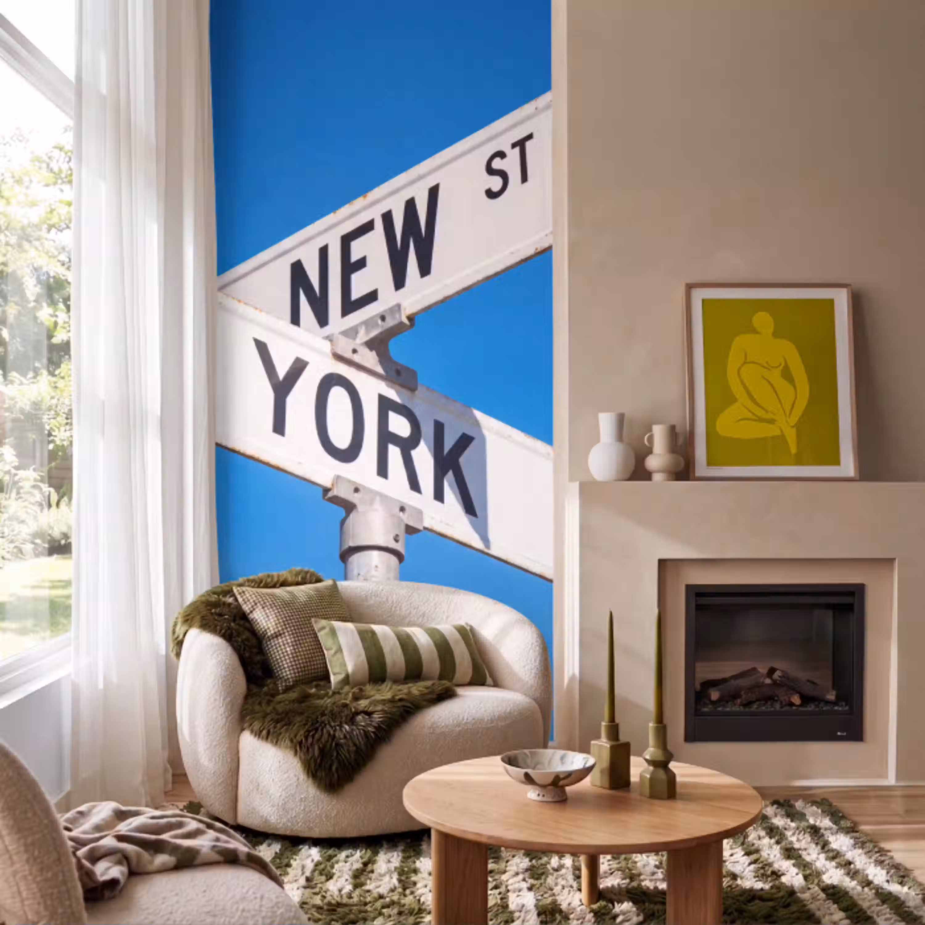 New York - Straatbord - Stad - Urban - Blauw Behang Vlies klein -sfeer2