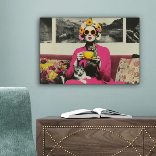 Vrouw - Kat - Bloemen - Kopje - Retro canvas 2cm klein -sfeer4