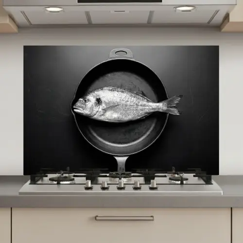 Pan - Vis - Zwart - Wit keuken achterwand spatscherm klein -3d_website