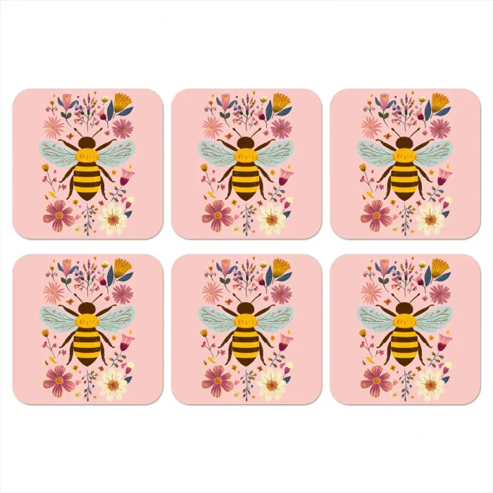 Bij - Geel - Bloemen - Kleurrijk onderzetter kurk middel -3d