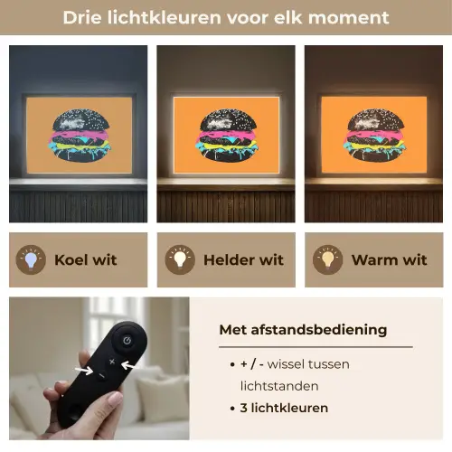 Hamburger - Oranje - Neon - popart Light Box met batterij (Wandlamp) middel -USP_lichtkleurNL
