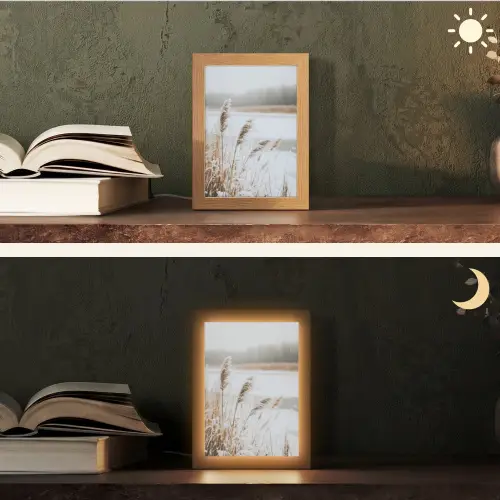 Riet - Meer - Winter - Natuur - Sneeuw - Beige Light Box met kabel (Tafellamp) klein -sfeer3