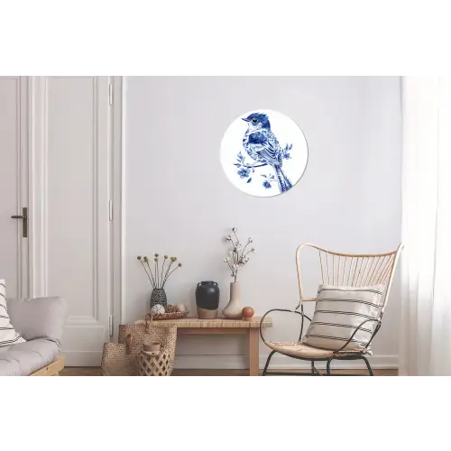 Vogel - Delfts blauw - Illustratie - Bloemen Wandcirkel aluminium klein -woonkamer