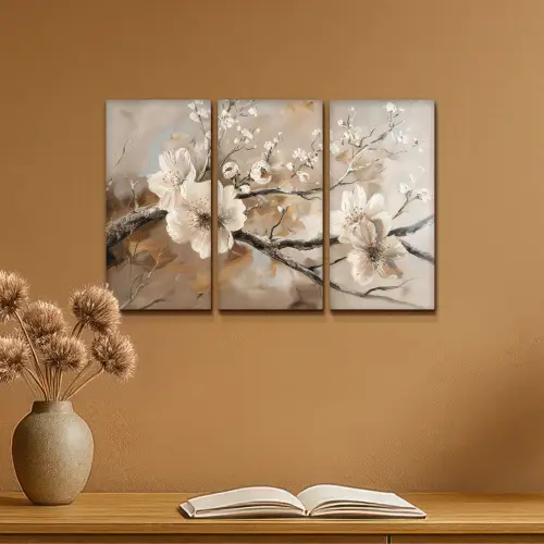 Bloesem - Beige - Abstract - Bloemen Canvas - Meerluiken 3 luik klein -sfeer5