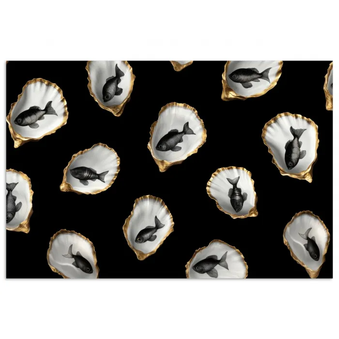 Oesters - Zwart - Vissen - Goud poster papier klein -3d