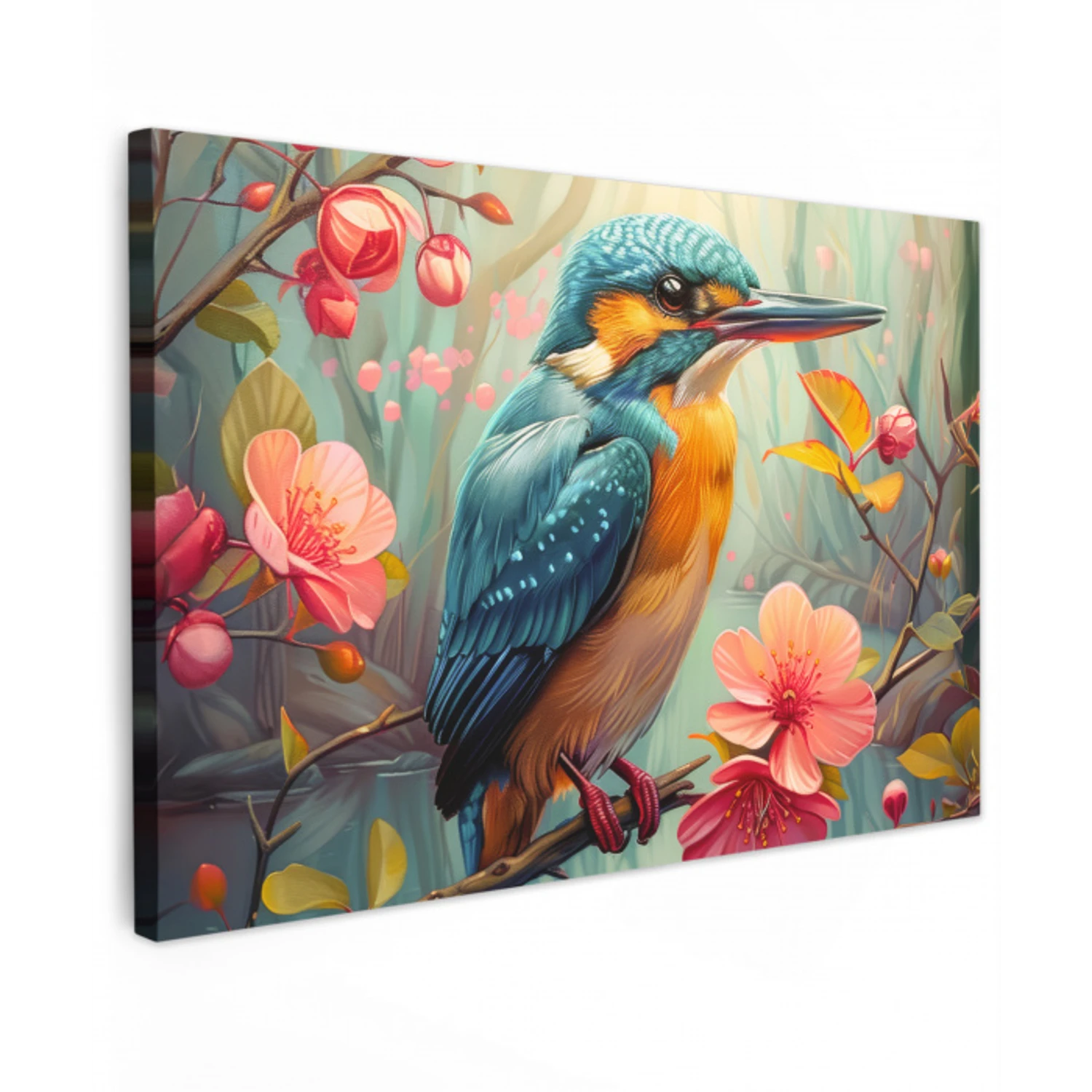 IJsvogel - Bloesem - Natuur - Vogels - Bloemen Tuinposter op houten frame 2 cm dik klein -3d