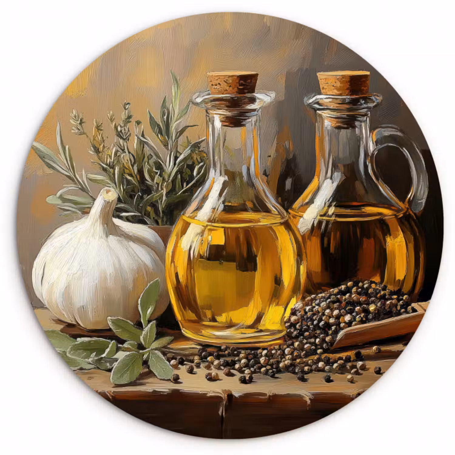 Forexbild Rund - Stilleben - Olivenöl - Knoblauch - Kräuter