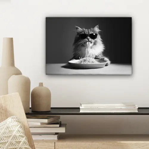 Langharige kat - Zonnebril - Spaghetti - Humor - Zwart - wit canvas 2cm klein -sfeer6