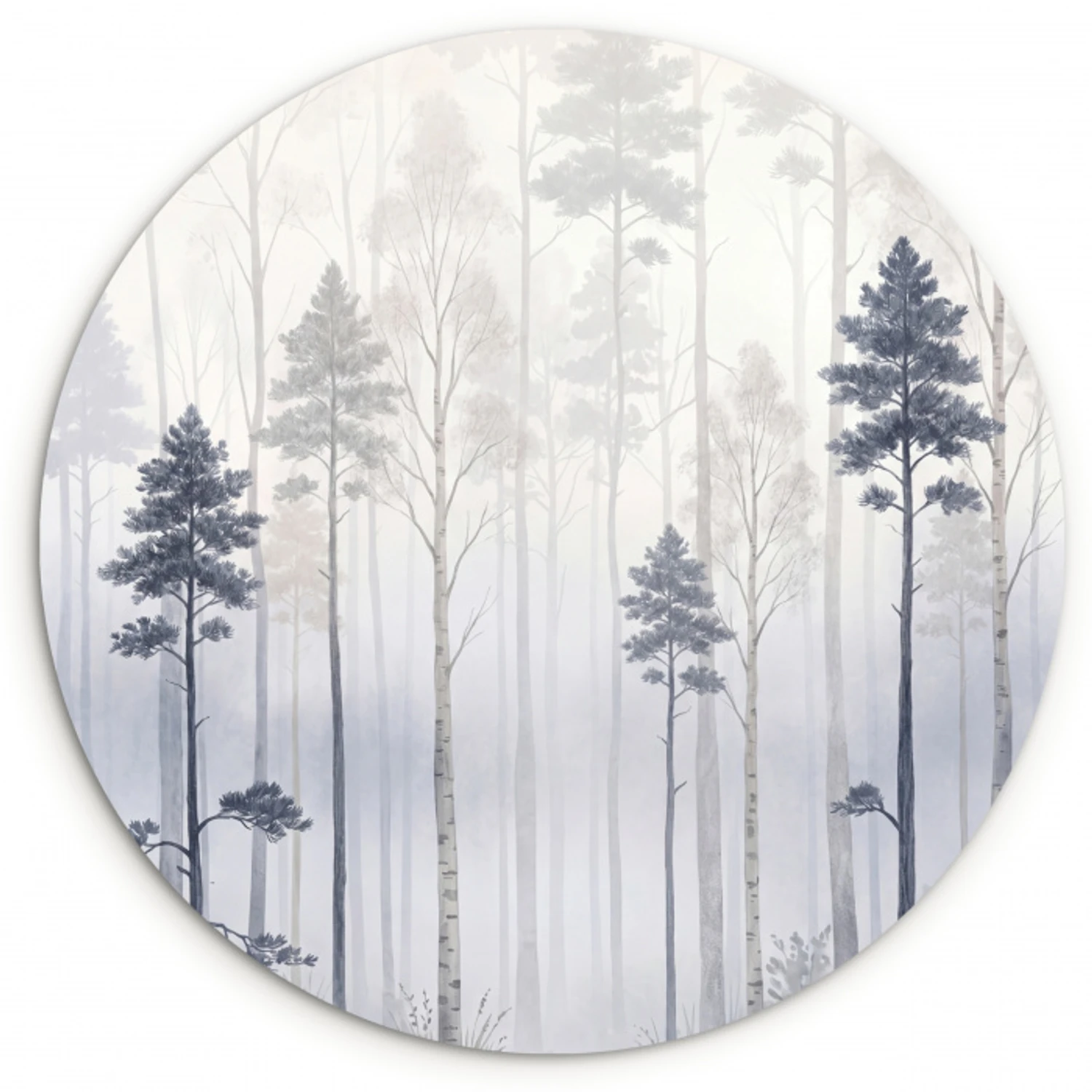 Bos - Bomen - Mist - Natuur - Illustratie - Grijs Wandcirkel kunststof plaat 5mm dik klein -3d