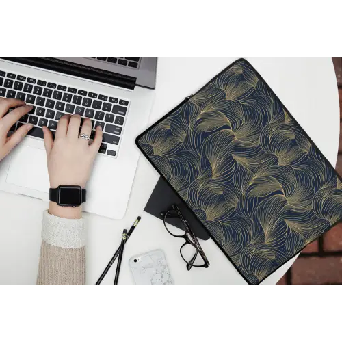 Abstract - Lijnen - Blauw - Goud laptophoes neopreen klein 279 -bureau