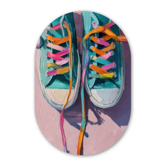 Sneakers - Veters - Kleurrijk - Schaduw Wandcirkel Ovaal Glas middel -3d