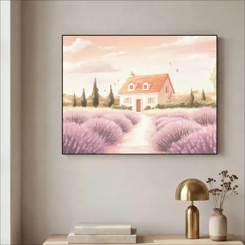 Lavendelveld - Huis - Paars Textielframe - compleet frame klein -sfeer2