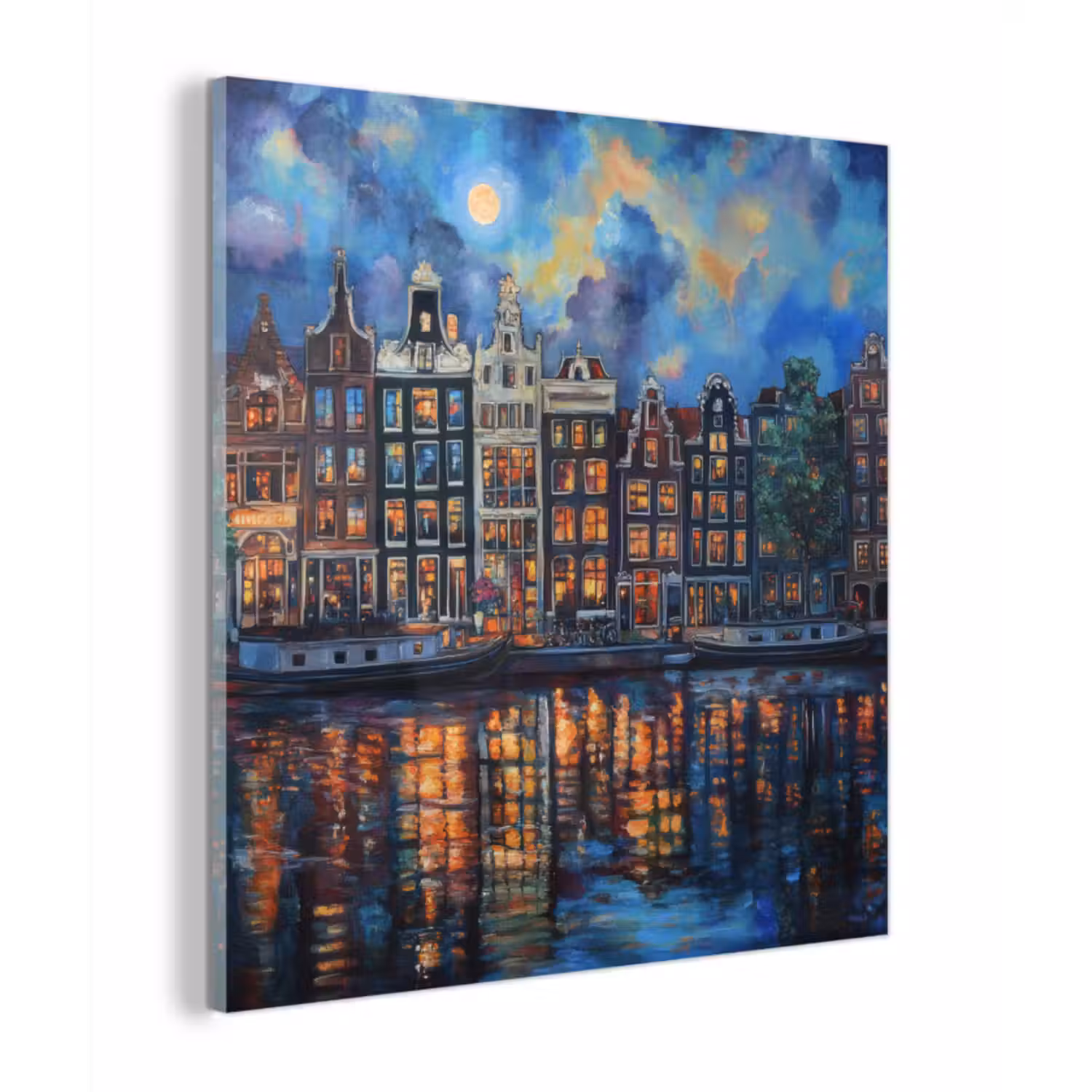 Glas schilderij - Grachten Amsterdam - Huizen - Stad - Kleurrijk