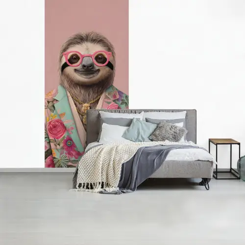 Luiaard - Bloemenprint - Bril - Roze fotobehang vinyl groot -slaapkamer