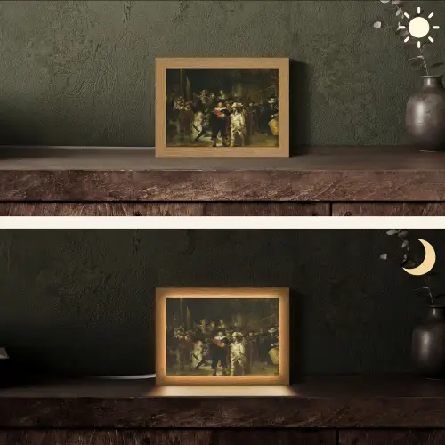 De Nachtwacht - Kunst - Oude meesters - Rembrandt Light Box met kabel (Tafellamp) klein -sfeer3