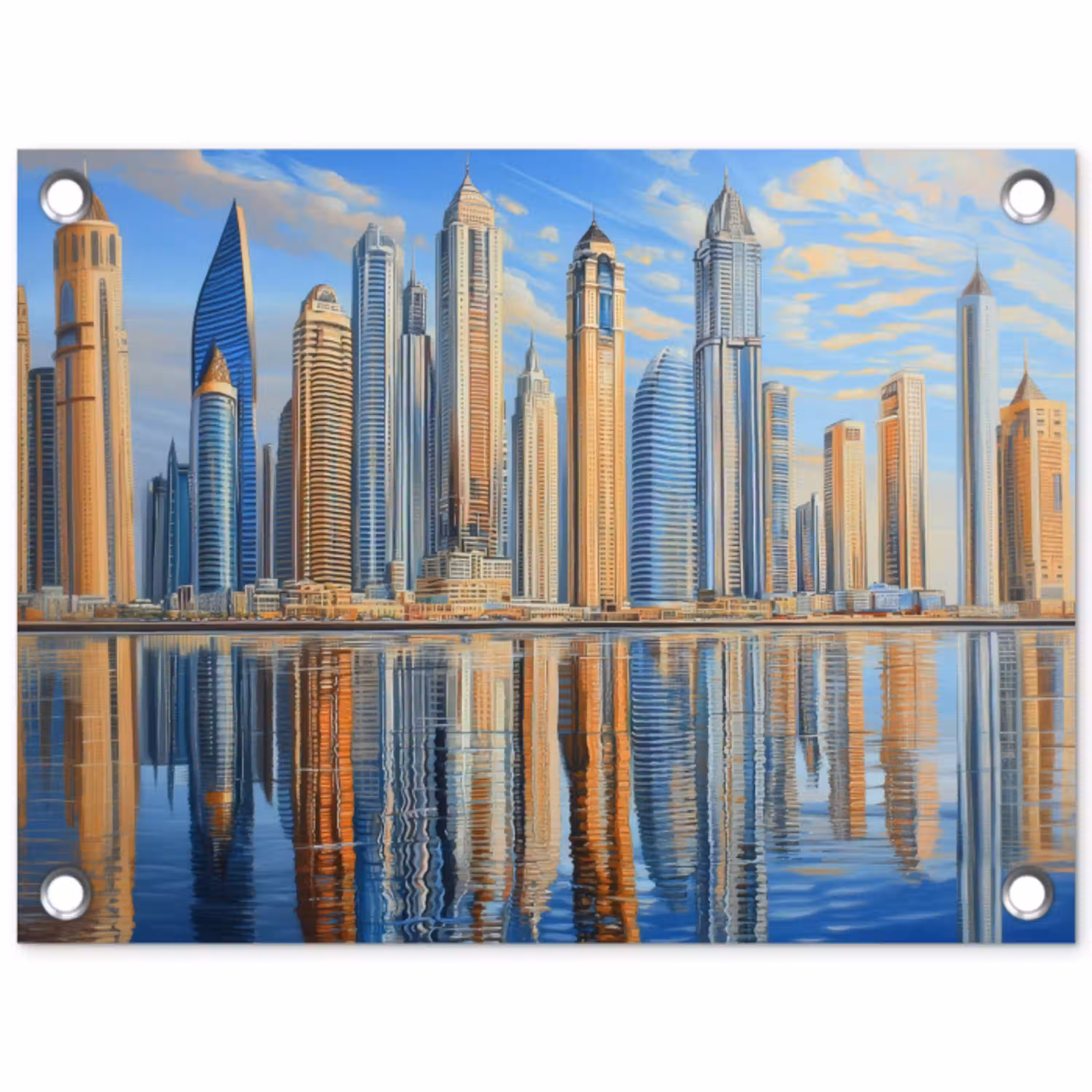 Skyline - Wolkenkrabbers - Water - Blauw tuinposter los doek klein -3d