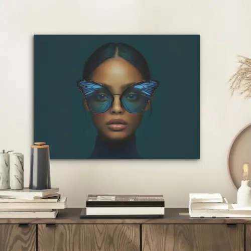 Vrouw - Vlinder - Bril - Blauw - Modern - Portret PET vilt klein -sfeer1