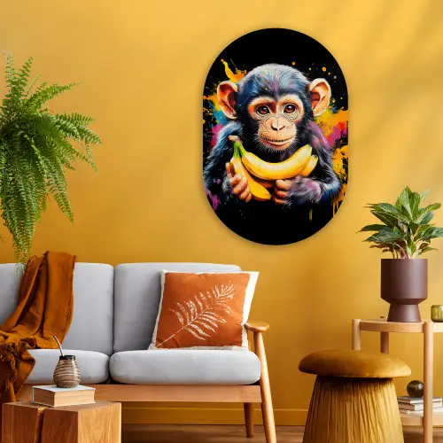 Aap - Graffiti - Kleurrijk - Bananen - Modern Wandcirkel Ovaal Glas middel -sfeer4