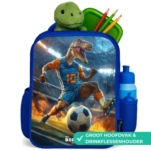 T-Rex als voetballer in vol stadion Kinderrugzak - Blauw middel -inhoud_NL