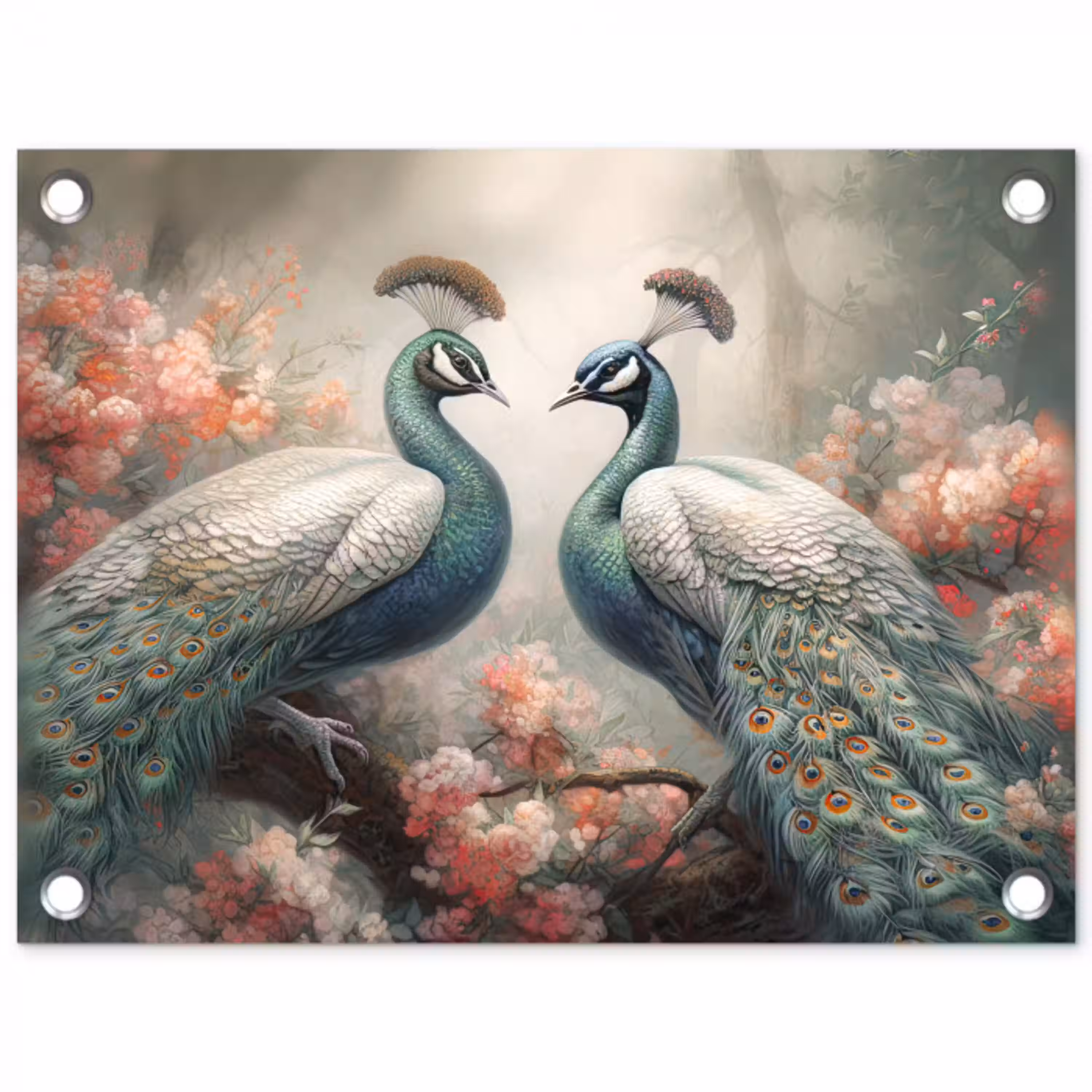 Pauwen - Pauwenveren - Vogels - Bloemen - Natuur tuinposter los doek klein -3d