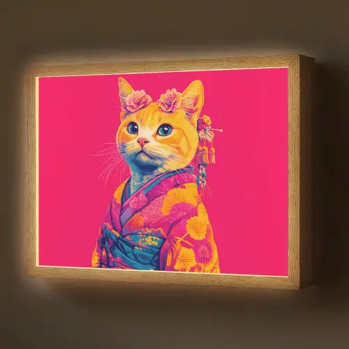 Kat - Kimono - Bloemen - Roze Light Box met batterij (Wandlamp) middel -z3d_website