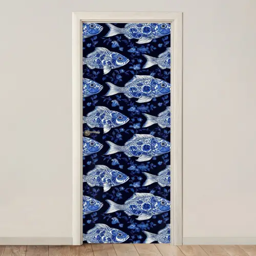 Vissen - Bloemen - Blauw deurposter klein 289 -3d_beige