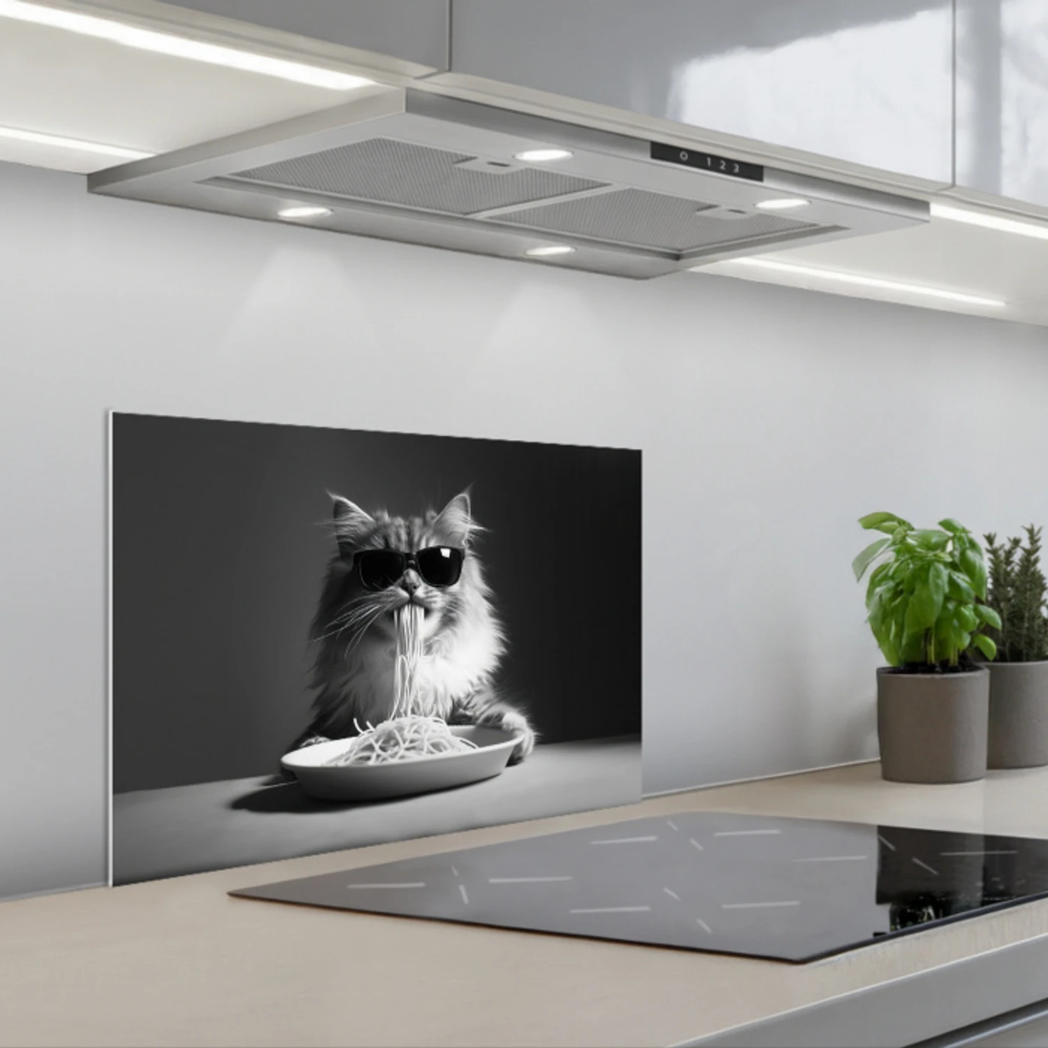 Langharige kat - Zonnebril - Spaghetti - Humor - Zwart - wit keuken achterwand spatscherm klein -3d_schuin