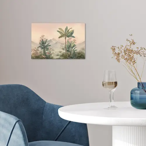 Tropisch landschap - palmbomen - Bloemen - Roze lucht poster papier klein -sfeer3