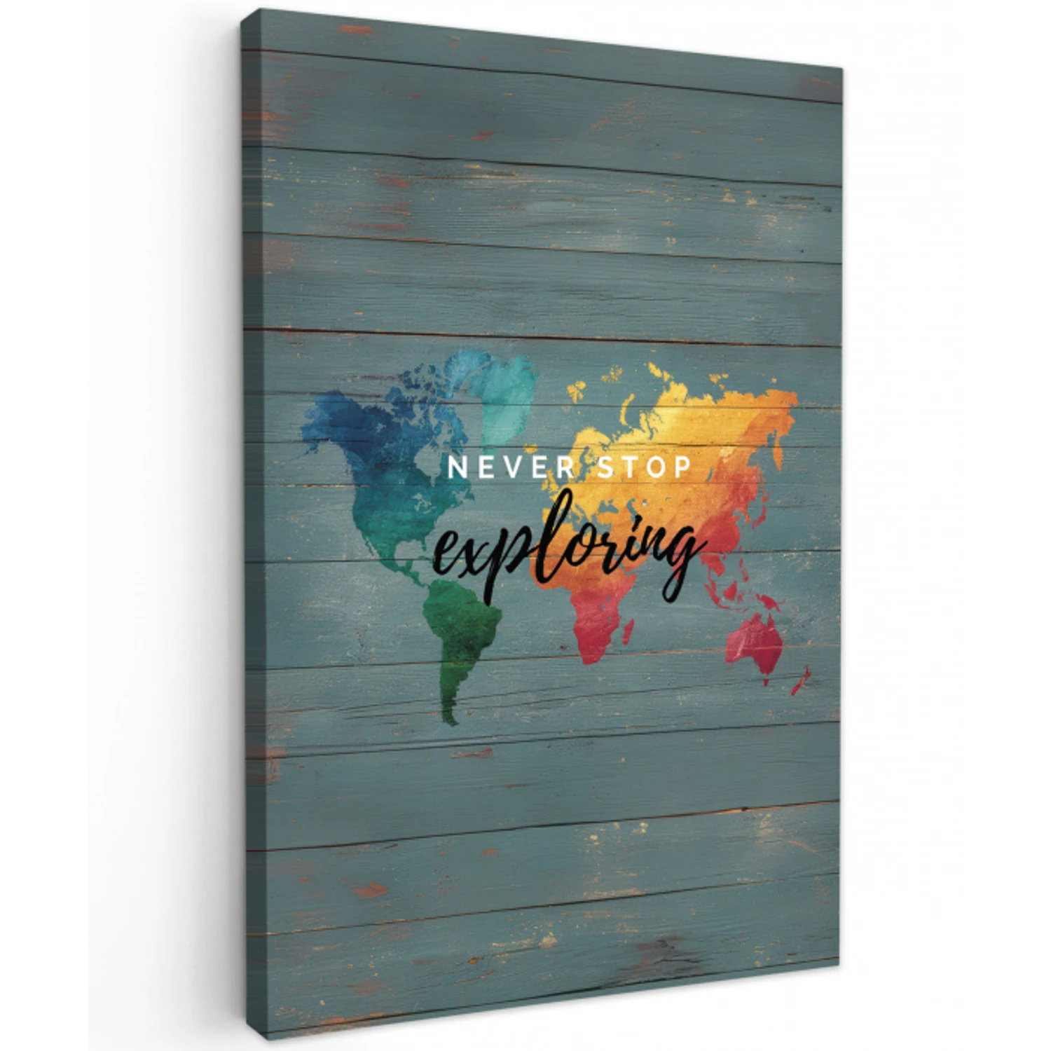 Hout - Wereldkaart - Regenboog - Exploring Tuinposter op houten frame 2 cm dik middel -3d