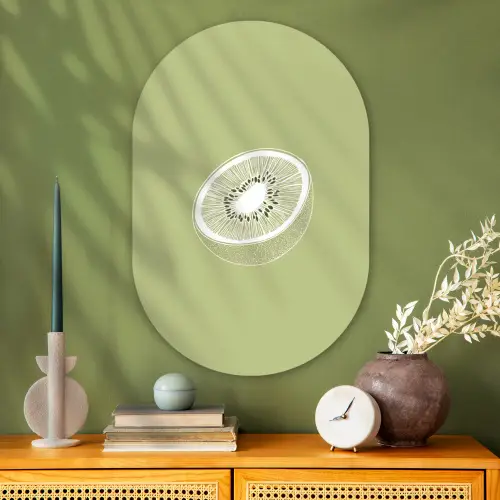 Kiwi - Lijntekening - Minimalistisch - Groen Wandcirkel Ovaal Glas middel -sfeer2