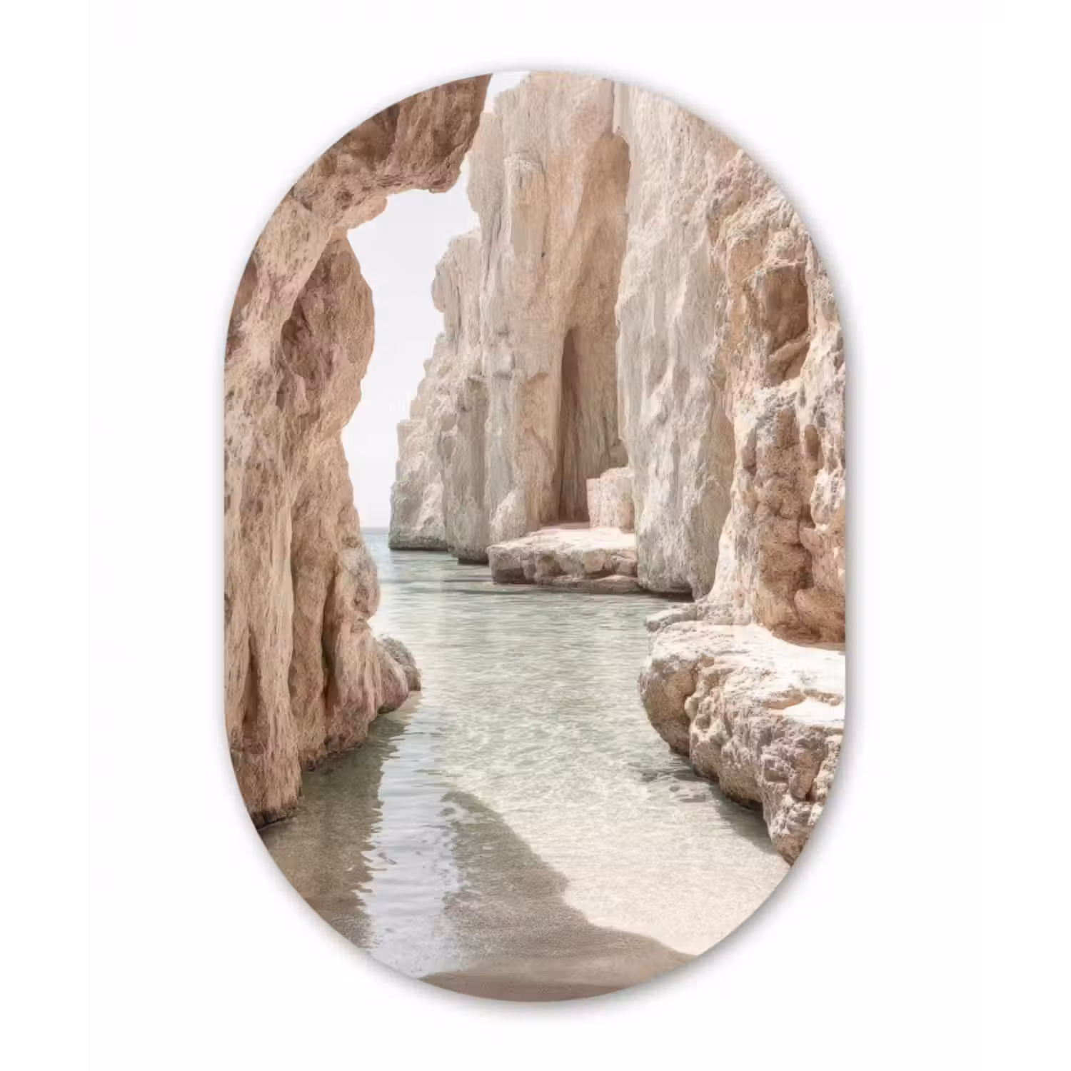 Glasbild Oval - Felsen - Meer - Sand - Schlucht