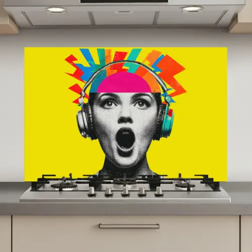 Vrouw - Koptelefoon - Geel keuken achterwand spatscherm klein -3d_website
