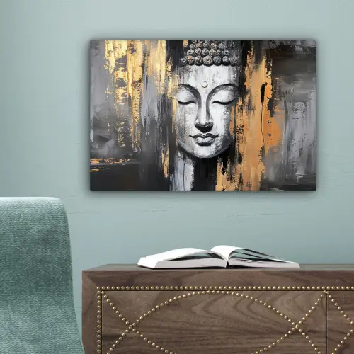Boedhha - Penseelstreken - Goud - Abstract canvas 2cm klein -sfeer4