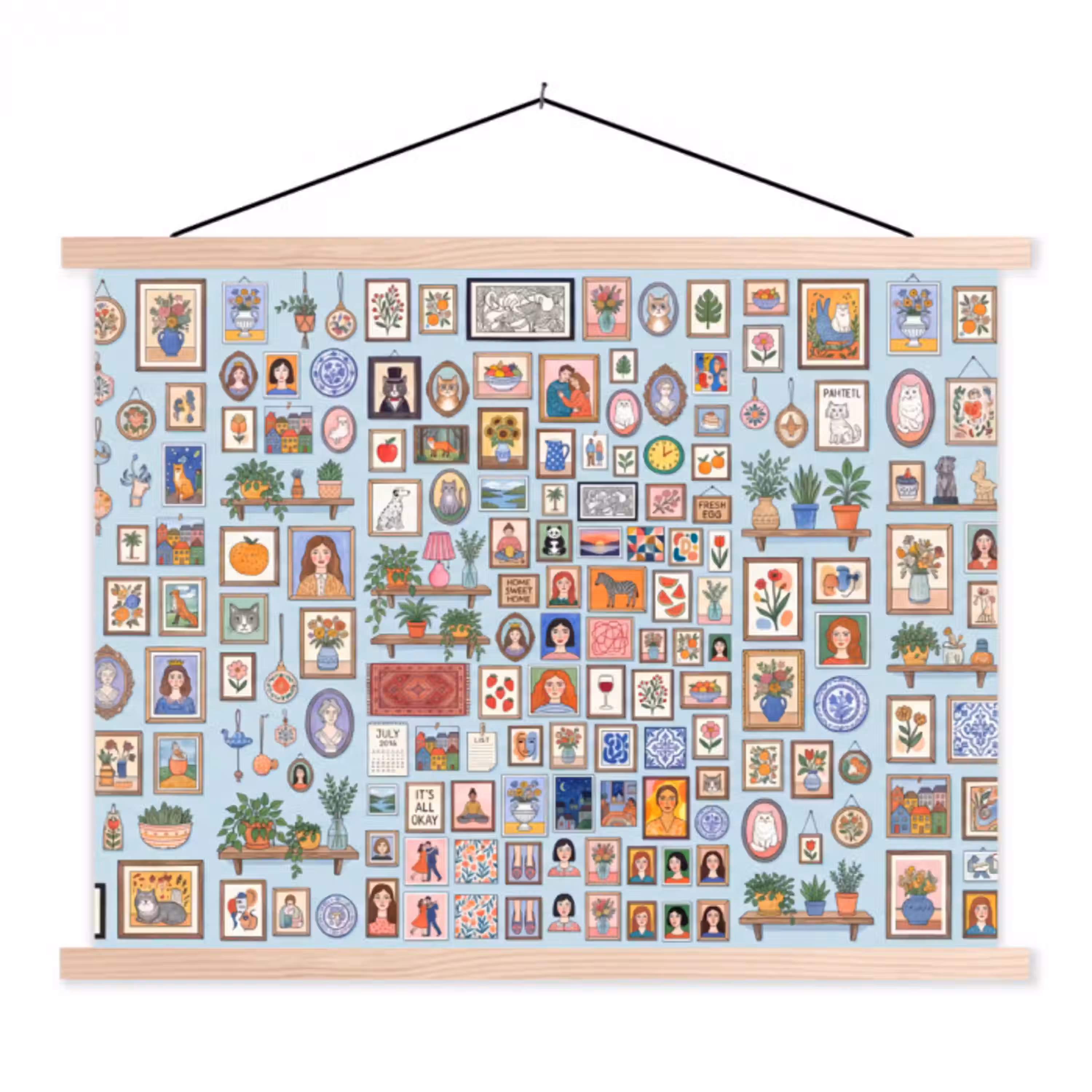 Wanddecoratie - Collectie - Huis - Illustratief - Kleurrijk textielposter latten blank klein -3d
