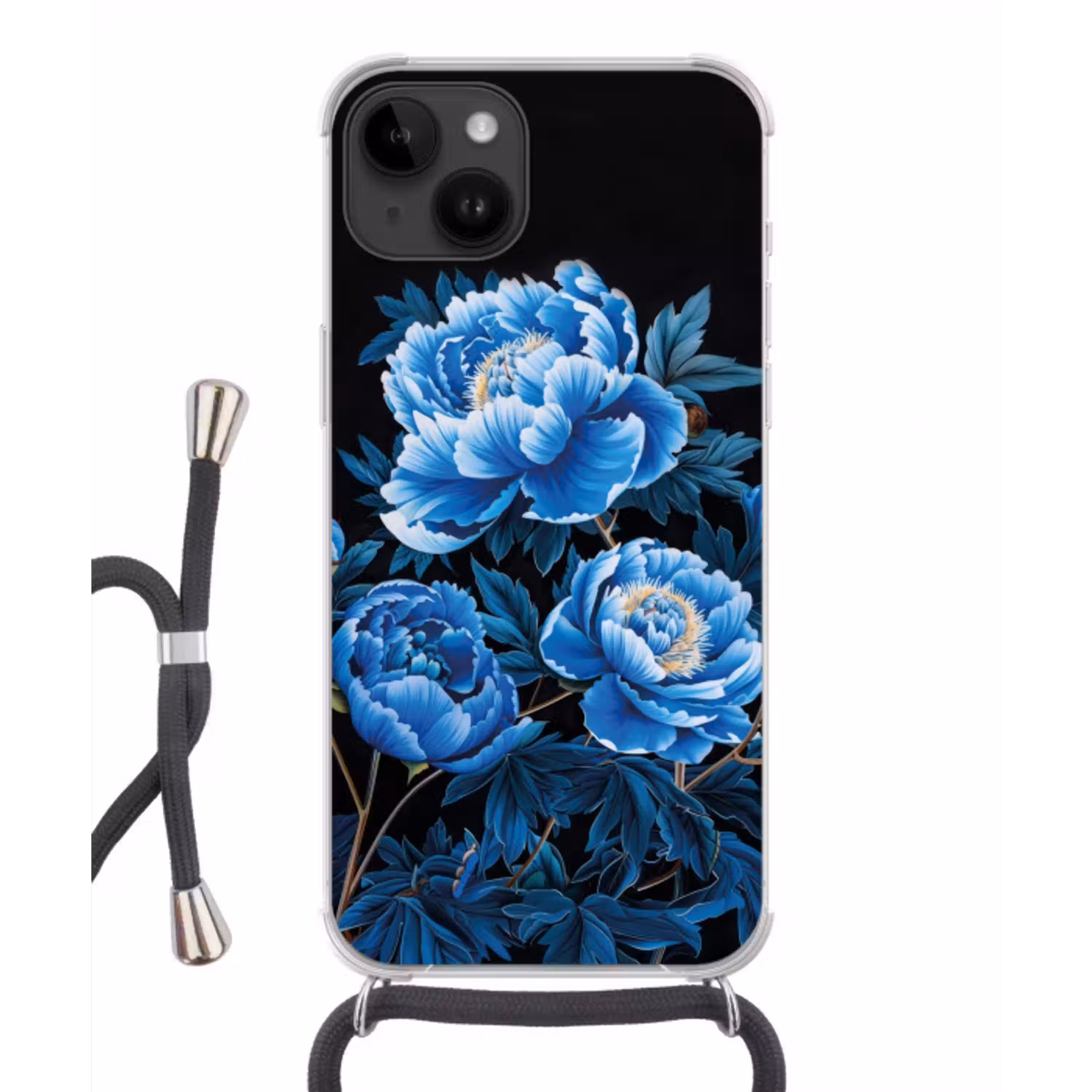 Bloemen - Zwart - Blauw - Modern Crossbody Case iPhone 14 middel -3d