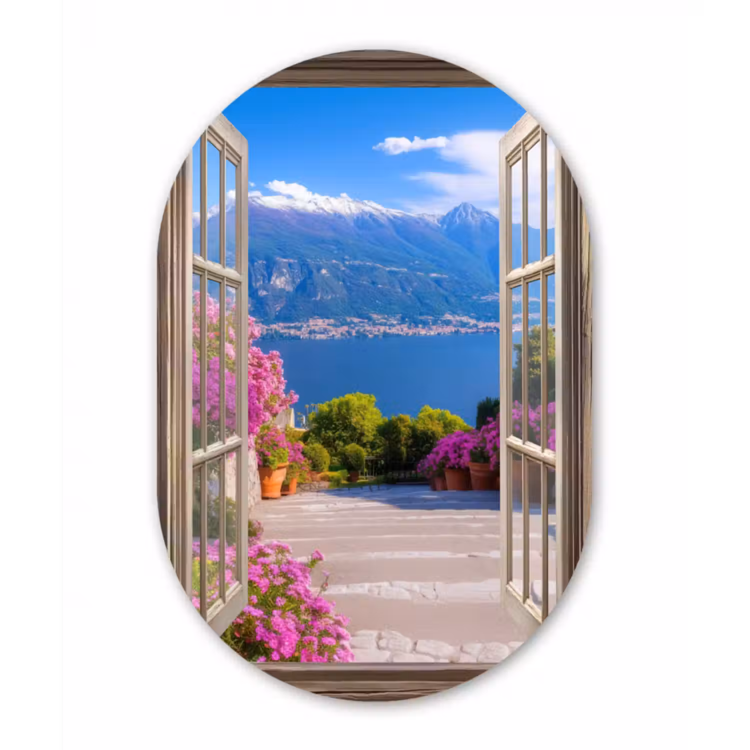 Glasbild Oval - Durchblick - Berg - Landschaft - Ausblicke - See