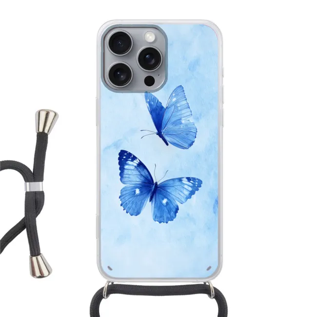 Telefoonhoesje met koord - Vlinders - Sierlijk - Blauw