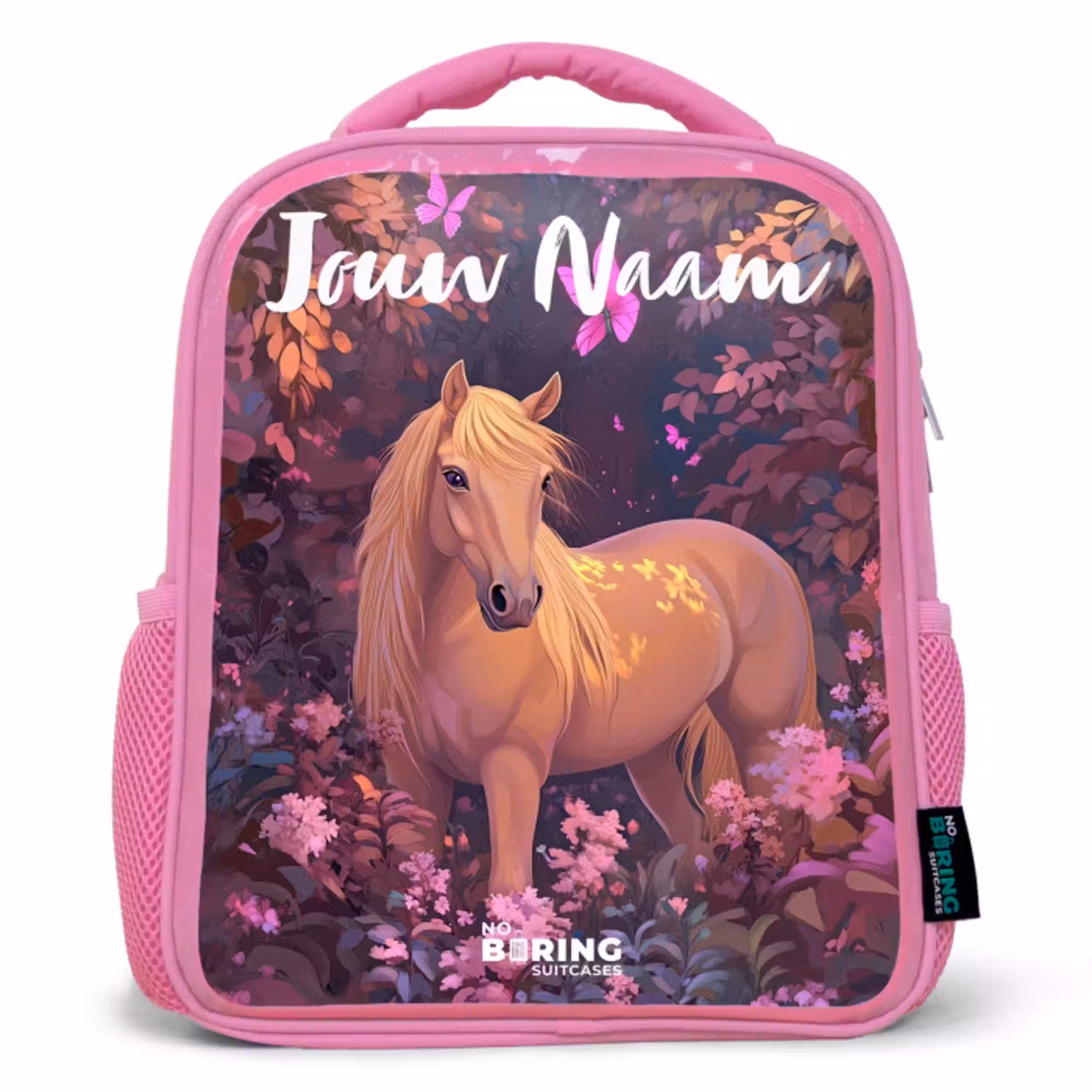 Paard - Bloemen - Paars - Vlinder Kinderrugzak - Roze middel -3d