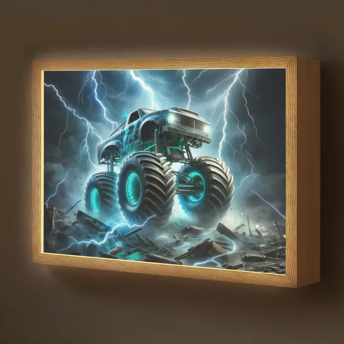 Monstertruck - Bliksem - Blauw - Jongens - Auto Light Box met batterij (Wandlamp kind) middel -z3d_website