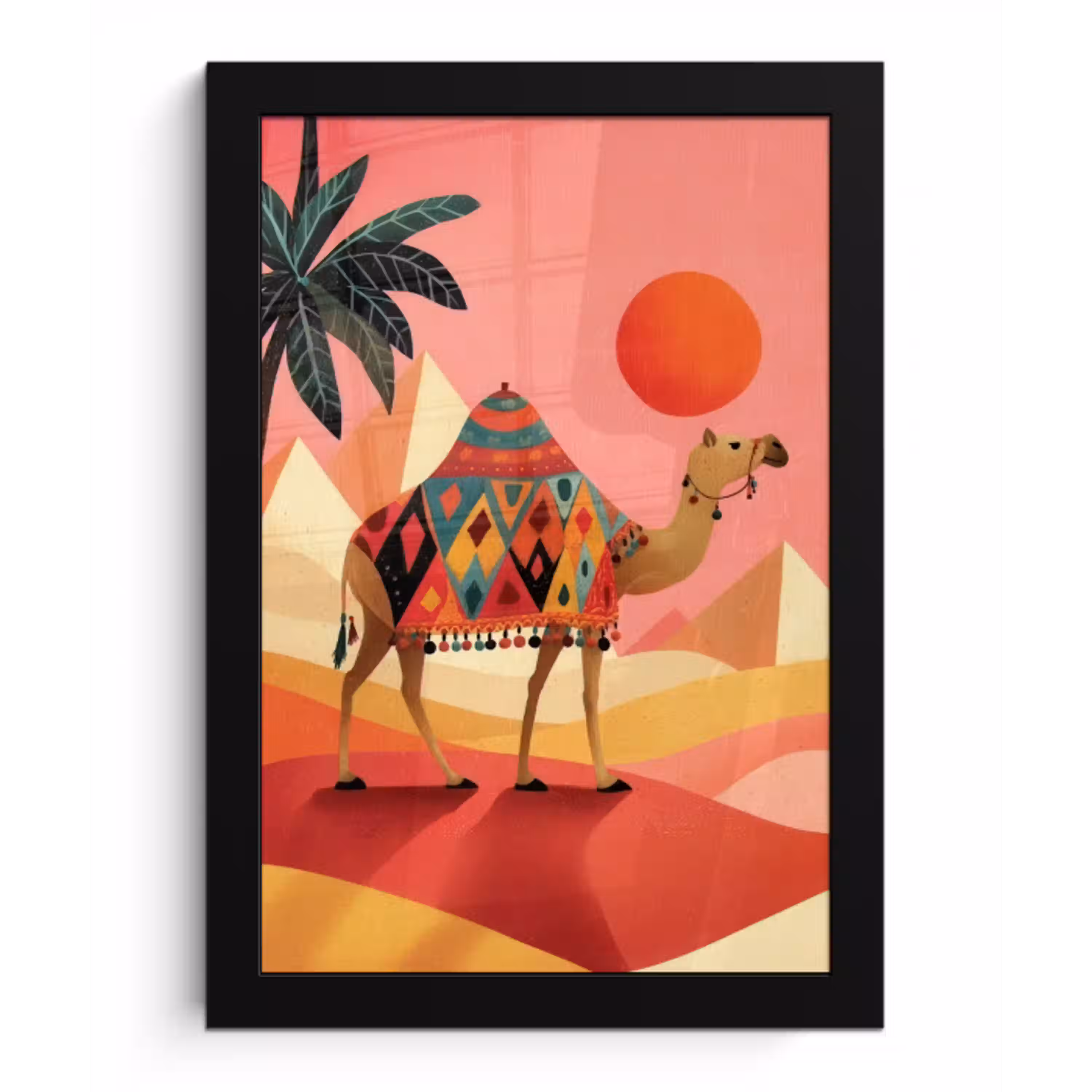 Kameel - Pyramides - Rode zon fotolijst zwart zonder passe partout klein -3d