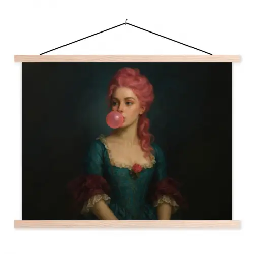 Vrouw - Portret - Kauwgombel textielposter latten blank klein -3d