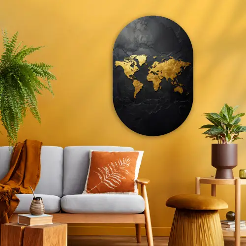 Wereldkaart - Goud - Steen Wandcirkel Ovaal Glas middel -sfeer4