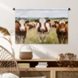 Koeien - Portret - Weide - Boerderij - Nieuwsgierig Wandkleed katoen middel -sfeer5